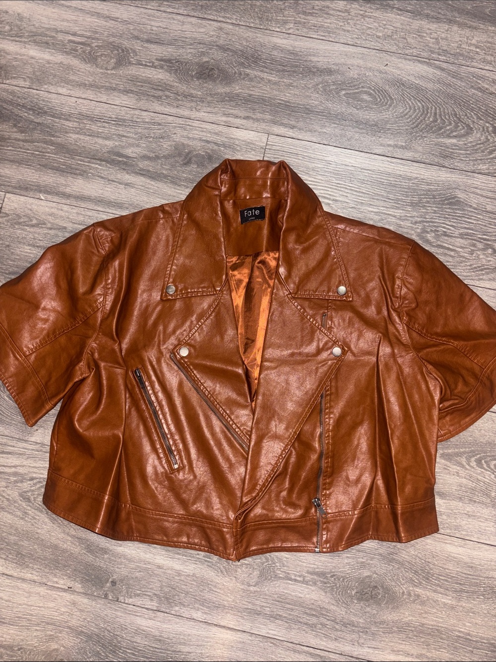 Fate Short Sleeve Faux Leather Moto Jacket in Rust Brown